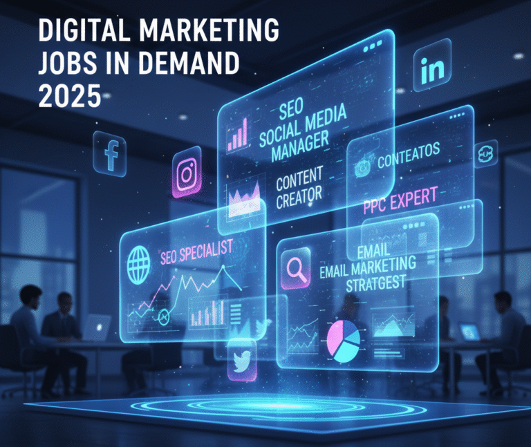 Digital marketing jobs in demand 2025 – professionals analyzing SEO, social media, and analytics dashboards with rising career graph