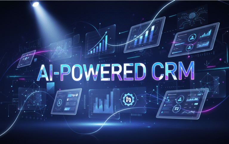 AI-Powered CRM dashboard with futuristic data analytics and HubSpot Inbound 2025 theme