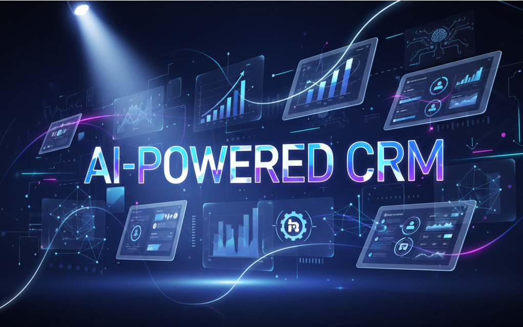 AI-Powered CRM dashboard with futuristic data analytics and HubSpot Inbound 2025 theme